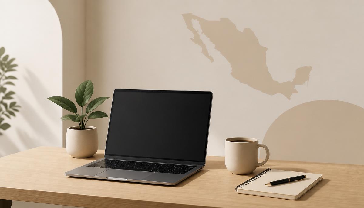 Escritorio minimalista con laptop, café y libreta para trabajar como agente de seguros desde casa en México