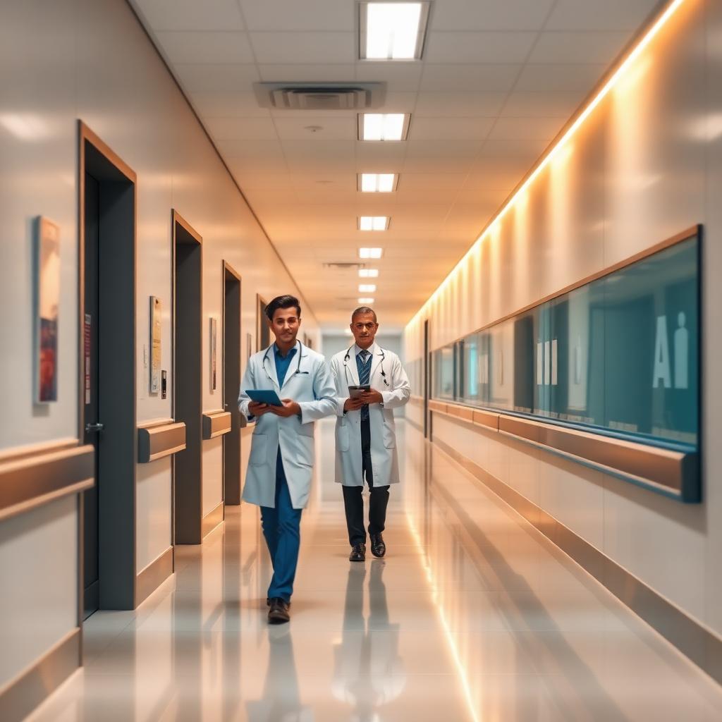 Pasillo de hospital privado moderno con médicos caminando