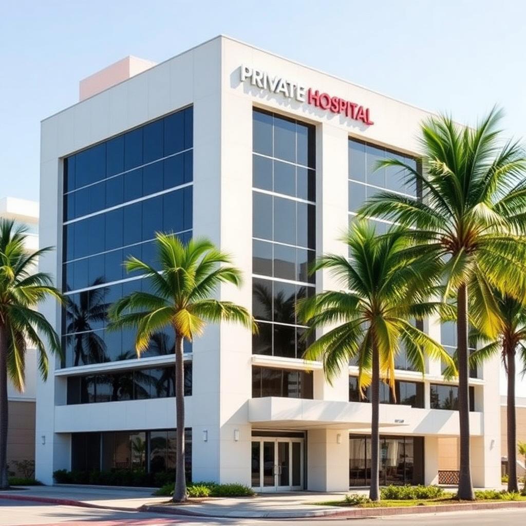 Hospital privado moderno en Puerto Vallarta con palmeras y cielo azul