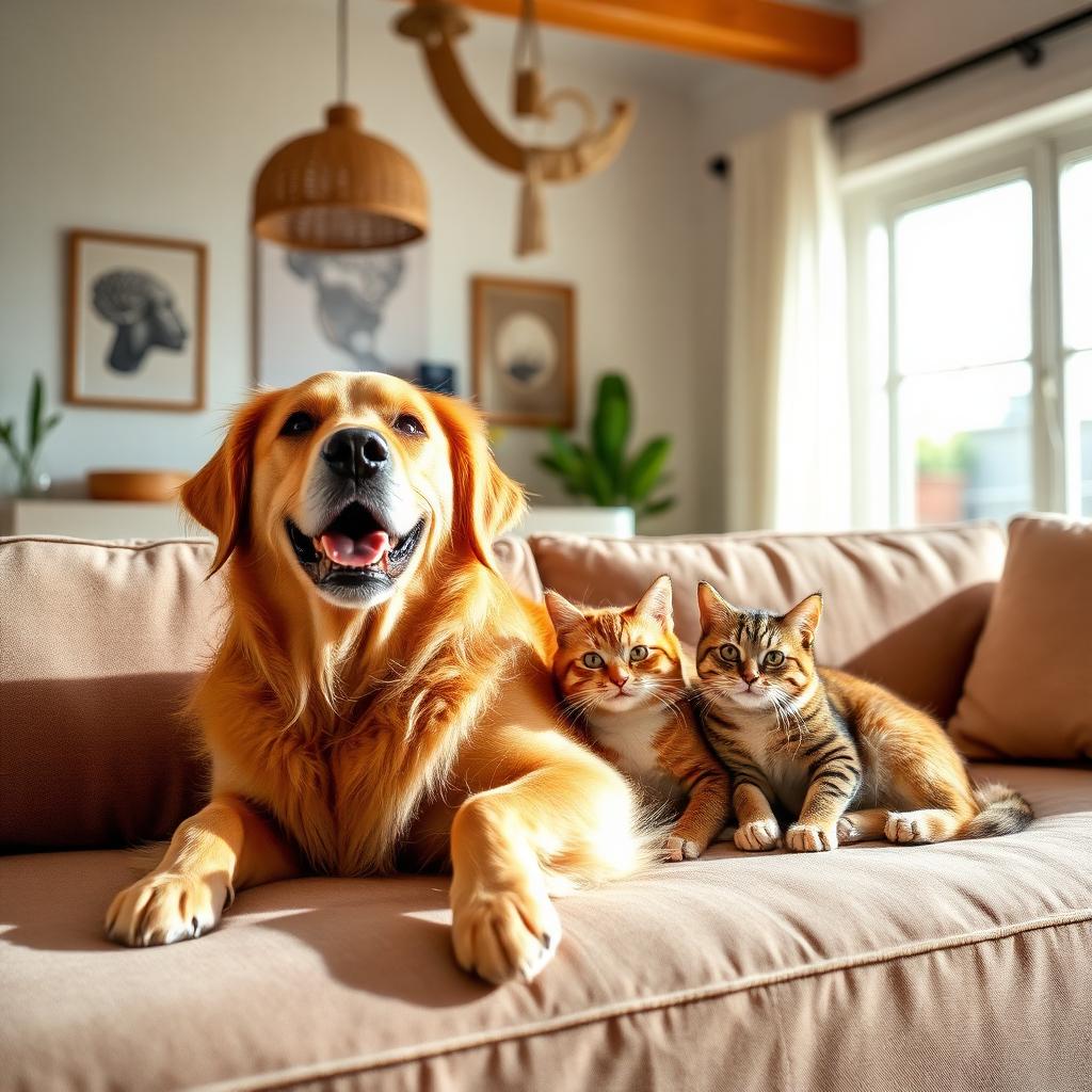 Perro golden retriever y gatos descansando juntos en un sillón de una sala en México
