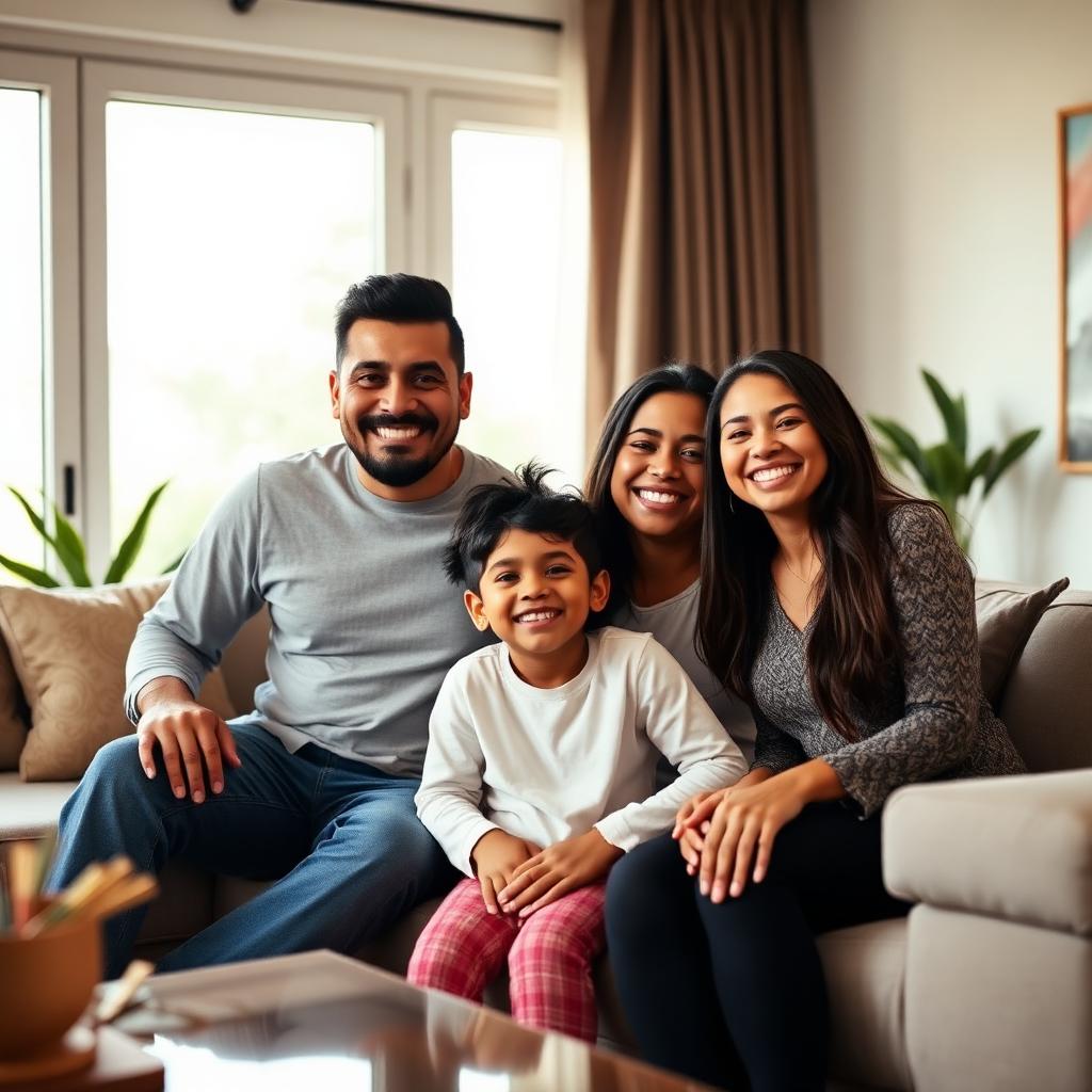 Familia mexicana sonriendo en la sala de su casa